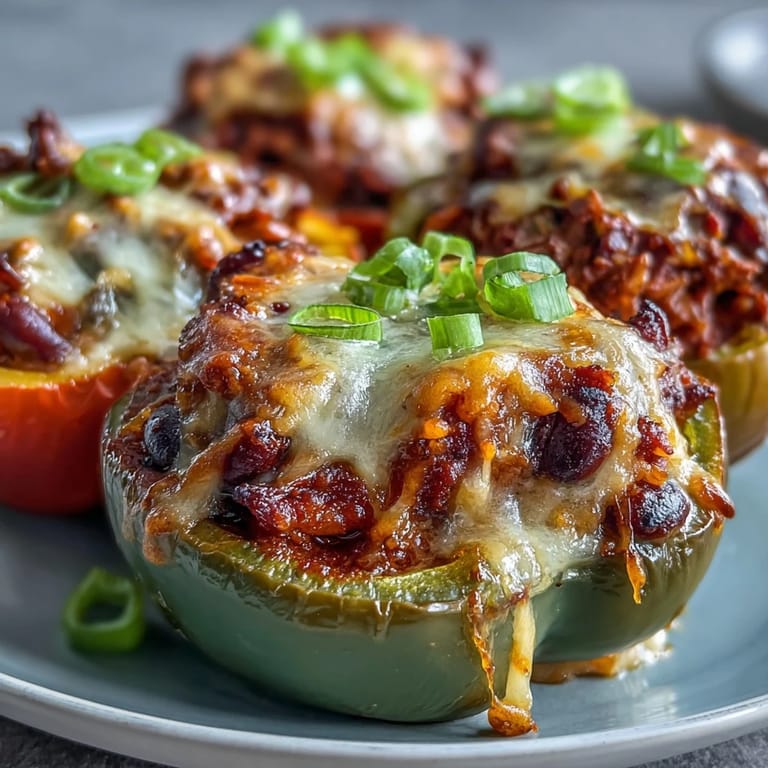 Golden-brown bell peppers filled with hearty chili mac, garnished with cilantro and green onions.