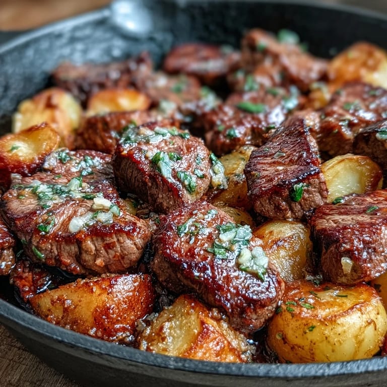 Serving the Garlic Butter Steak & Potato Skillet garnished with parsley alongside a glass of red wine.