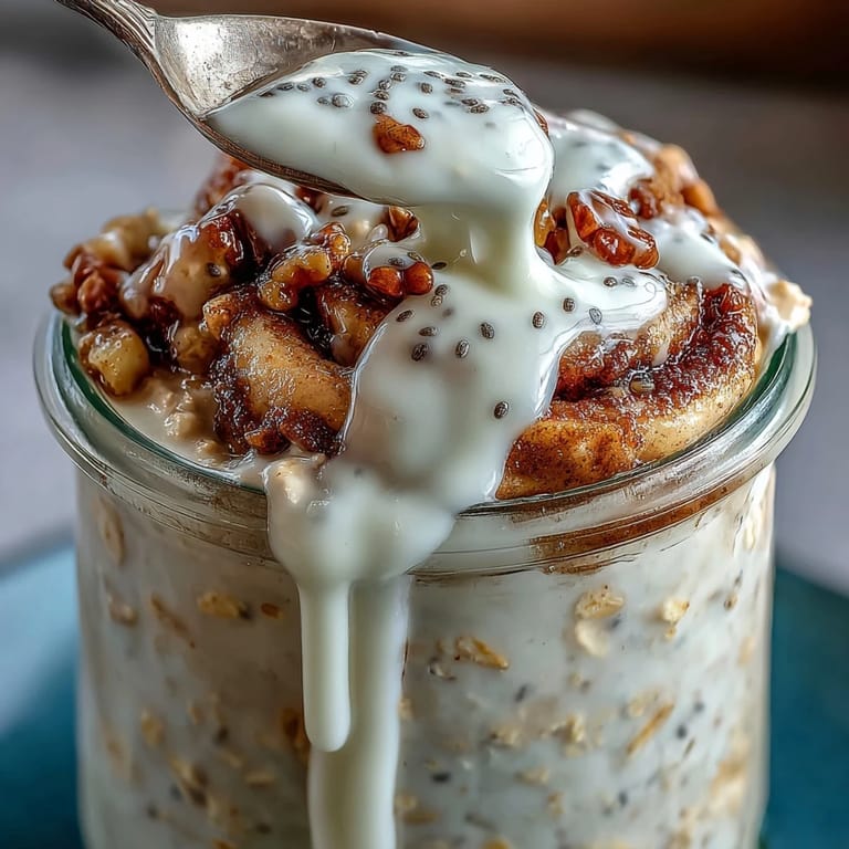 A jar of chilled High-Protein Cinnamon Roll Overnight Oats topped with a rich vanilla glaze.