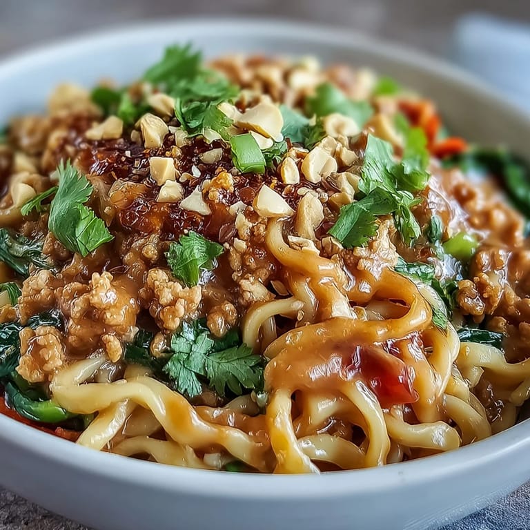 Ground chicken, snap peas, and bell peppers tossed in a glossy peanut sauce over wide rice noodles in a skillet.
