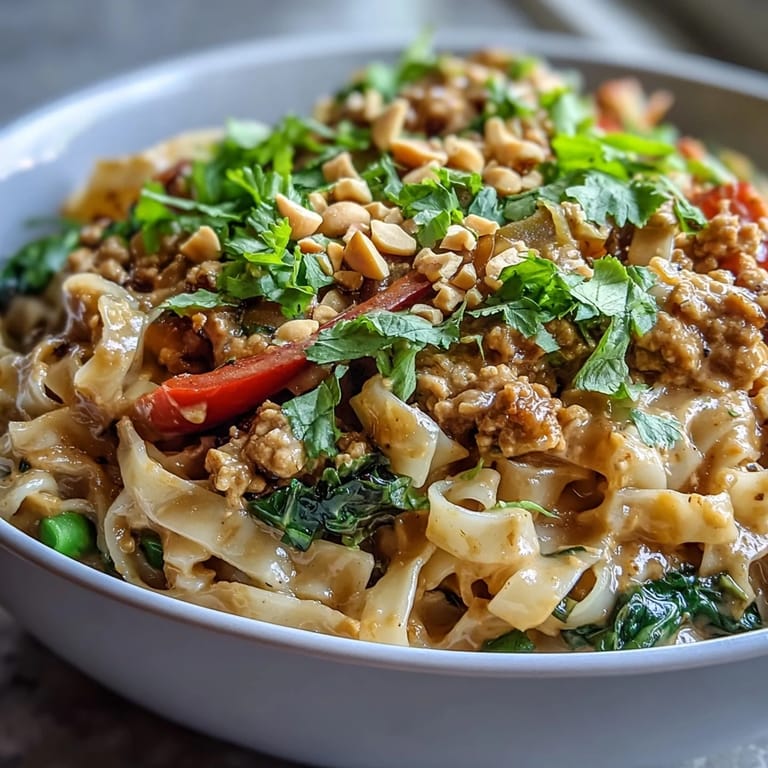 Dinner inspiration: Creamy Thai-Inspired Peanut Noodle Bowls topped with fresh herbs and peanuts, ideal for a quick weeknight meal.