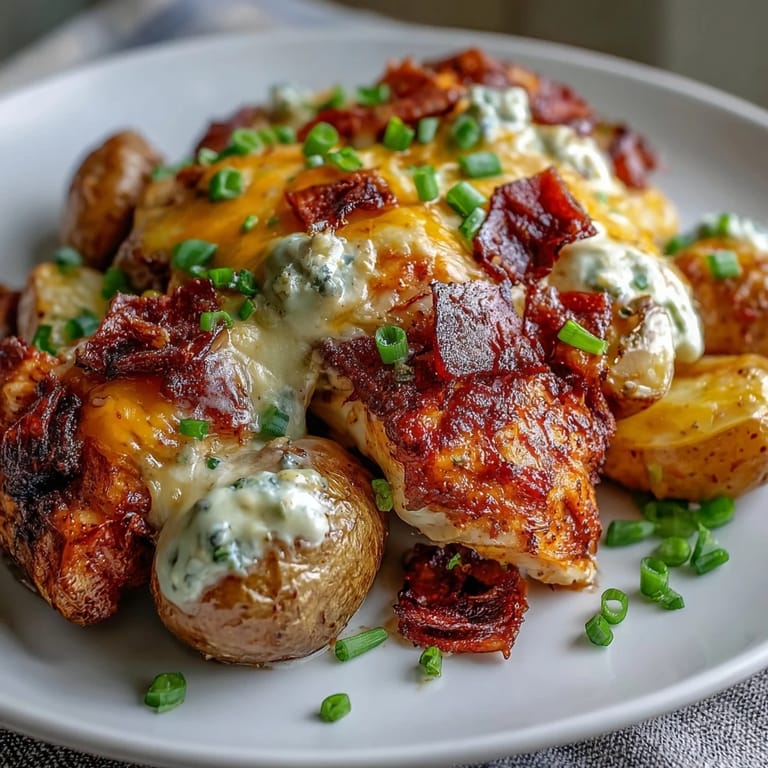 Baked Buffalo Ranch Chicken Potato casserole served hot, paired with crisp celery sticks and ranch.