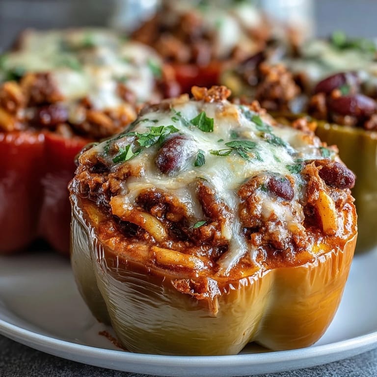 Chili Mac Stuffed Peppers served hot, a comforting weeknight dinner for the family.