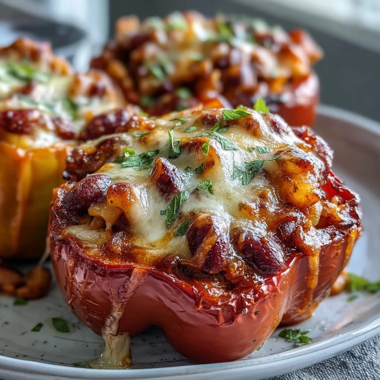 Hearty bell peppers filled with savory chili mac and bubbling sharp cheddar.