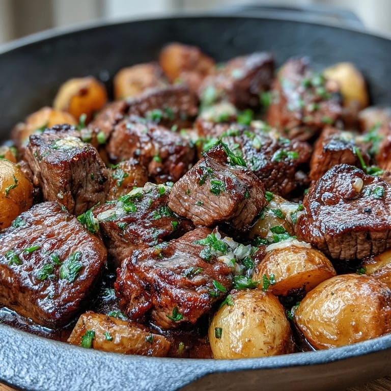 Sizzling steak and potatoes tossed in garlic butter, topped with chives, in a cast iron skillet.