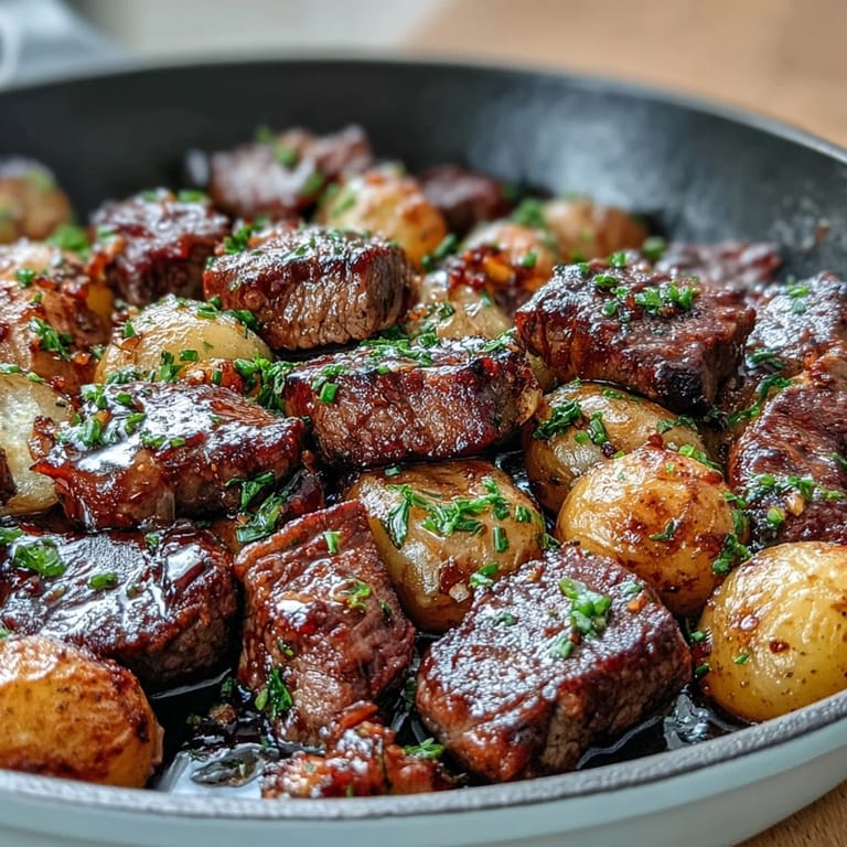 A close-up of Garlic Butter Steak & Potato Skillet, garnished with fresh parsley, served hot.