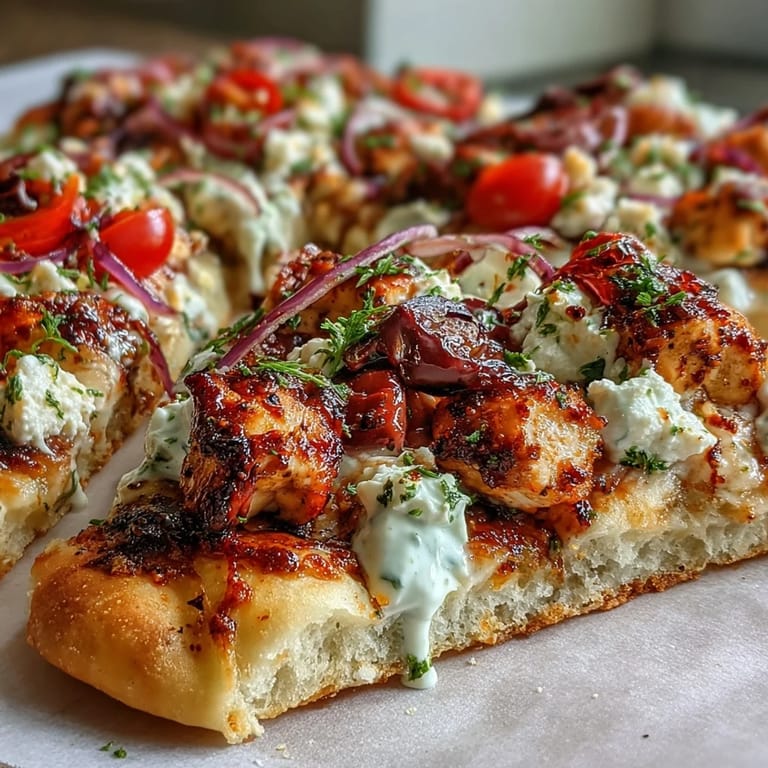 Lemon Feta Chicken Naan Pizza sliced on a board, garnished with fresh dill and a drizzle of tzatziki.