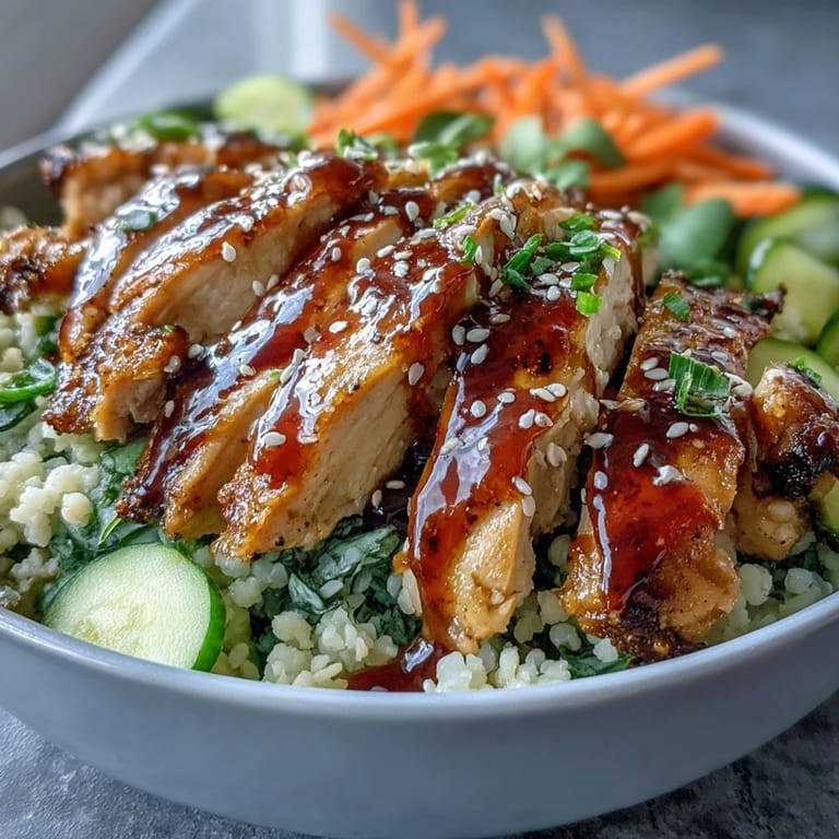Sesame Ginger Chicken Couscous Bowls are plated with edamame, green onions, and chopped cilantro, garnished with sesame seeds.
