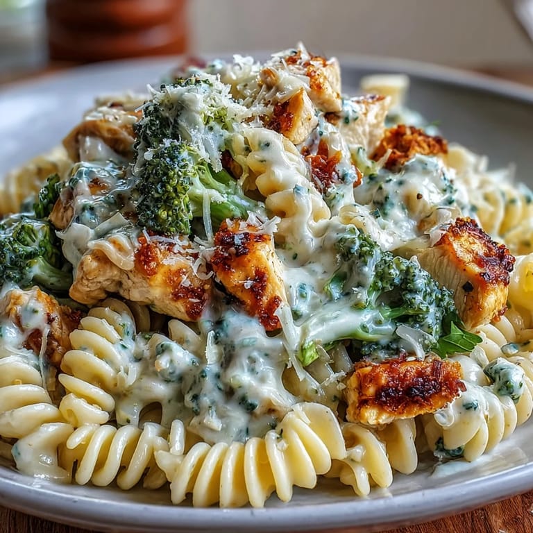 A close-up of a forkful of Garlic Parmesan Broccoli & Chicken Pasta, showing rich, velvety sauce.