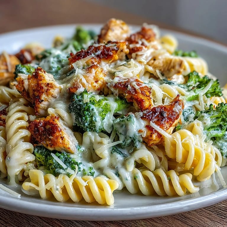 Garlic Parmesan Broccoli & Chicken Pasta garnished with fresh parsley and grated Parmesan cheese, served for dinner.