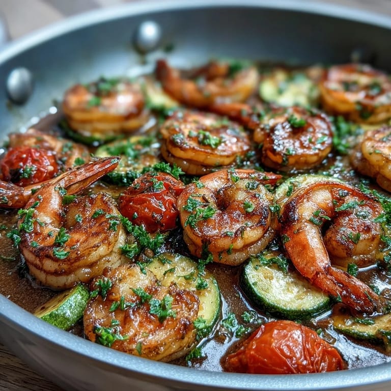 Juicy cherry tomatoes and tender zucchini surround golden shrimp in One-Pan Lemon Butter Shrimp with Zucchini and Tomatoes.
