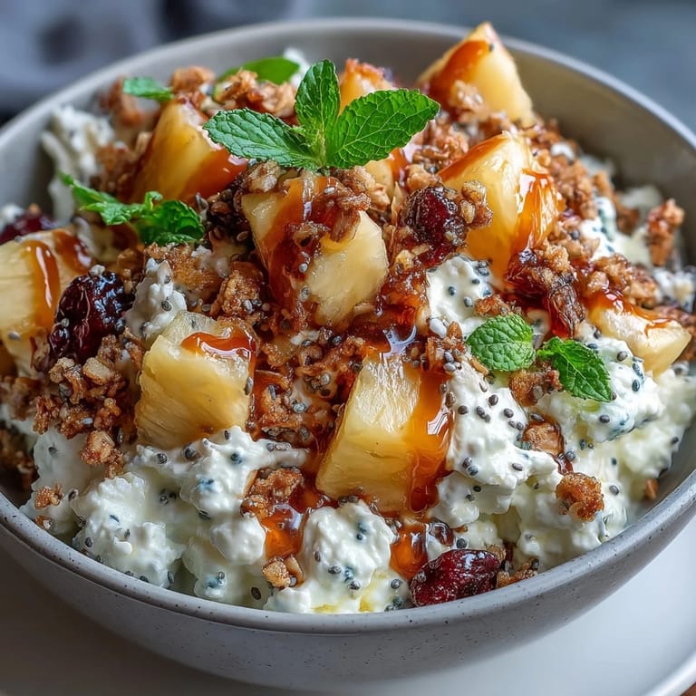 Wholesome cottage cheese breakfast bowl with tropical pineapple, nutty granola, and a drizzle of honey for natural sweetness.