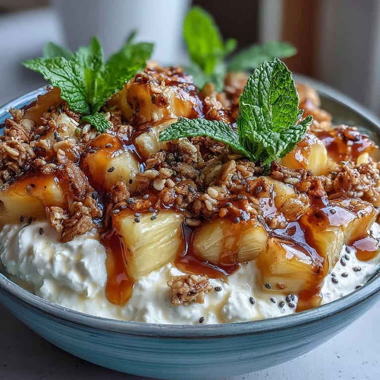 High-protein cottage cheese breakfast bowl layered with sweet pineapple and golden granola, perfect for busy mornings.