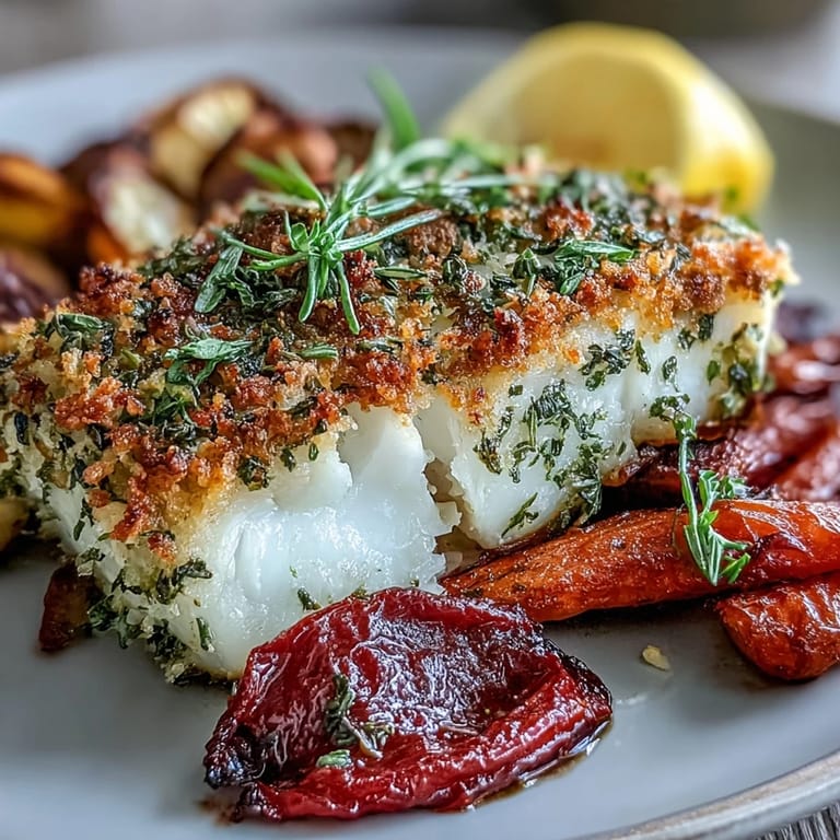 Tender herb-crusted cod fillets with a crisp breadcrumb topping, paired with caramelized roasted vegetables for a colorful, Mediterranean-inspired meal.  