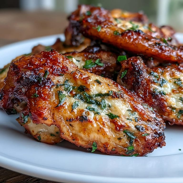 Golden-brown chicken wings coated in a savory garlic Parmesan butter sauce, ideal for low-carb dining.  