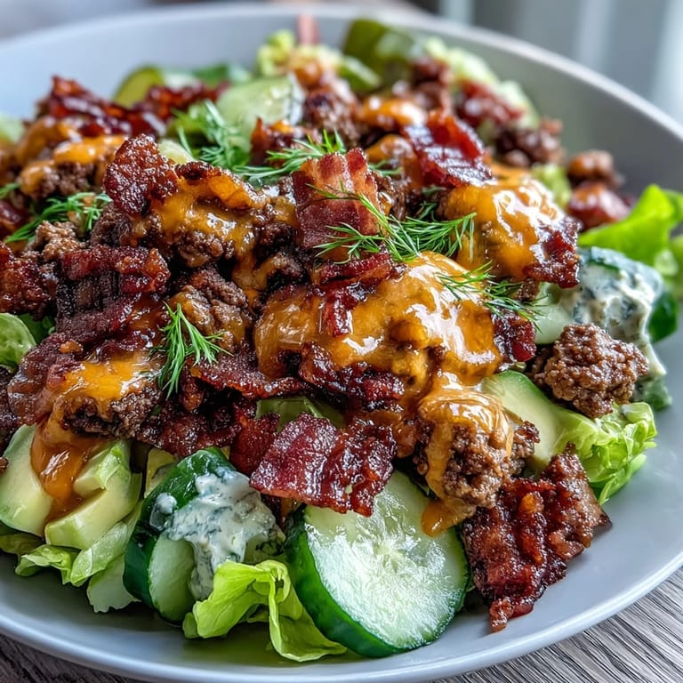 Savory layers of ground beef, crumbled bacon, and fresh avocado atop romaine, finished with cheddar cheese and a rich, smoky burger dressing.