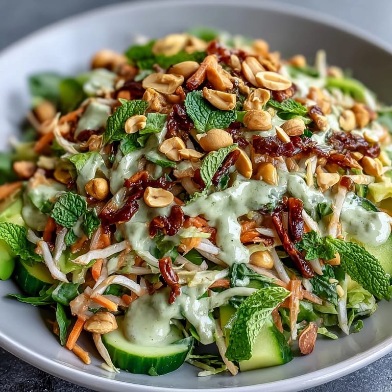 Vibrant vegan spring roll salad bursting with fresh herbs, crisp veggies, and drizzled with zesty peanut dressing for a satisfying meal.