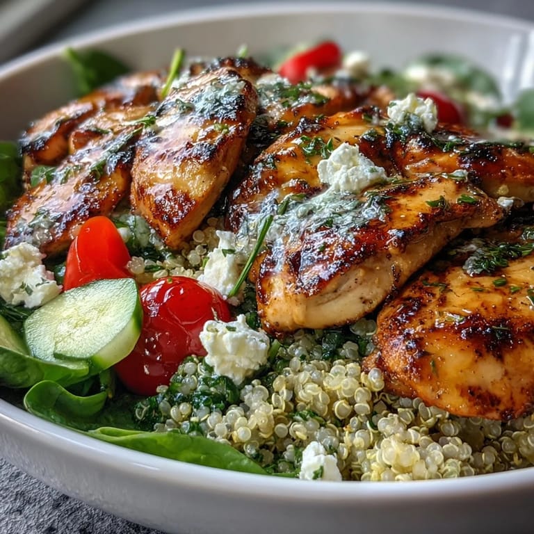 Colorful quinoa salad bowl with sliced lemon herb grilled chicken, baby spinach, red bell peppers, and feta cheese, drizzled with a zesty lemon Dijon dressing.