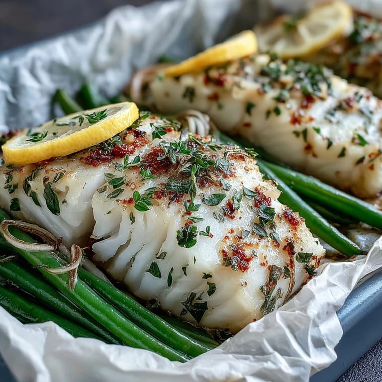 Tender tilapia and crisp green beans baked with lemon slices and garlic in easy foil packets, perfect for quick meals.