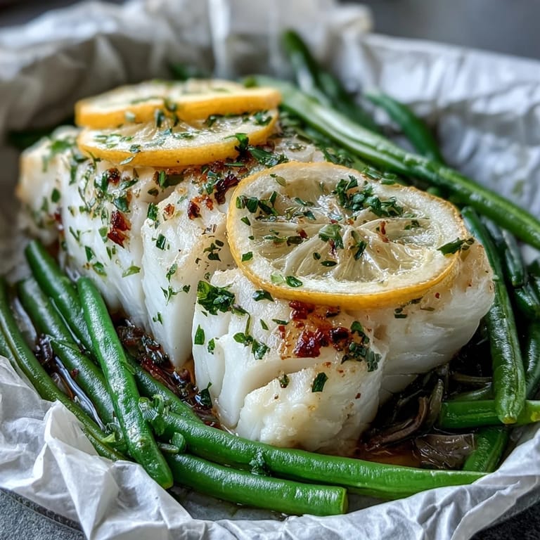 Fragrant lemon-garlic marinated tilapia served with tender green beans, offering a fresh and nutritious low-calorie dinner option.