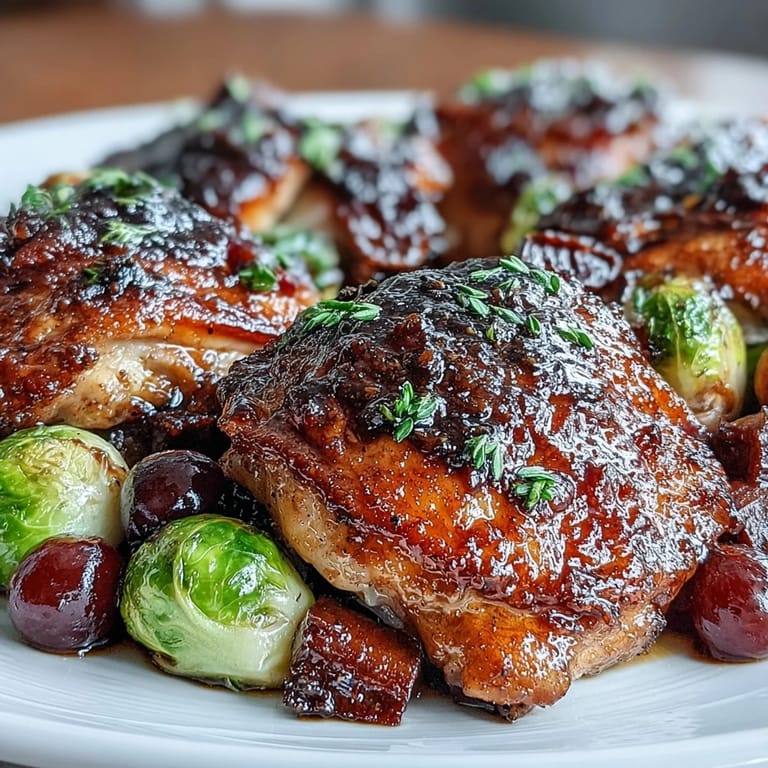 Tender balsamic-glazed chicken thighs paired with caramelized Brussels sprouts and juicy roasted grapes create a vibrant, balanced meal in one dish.