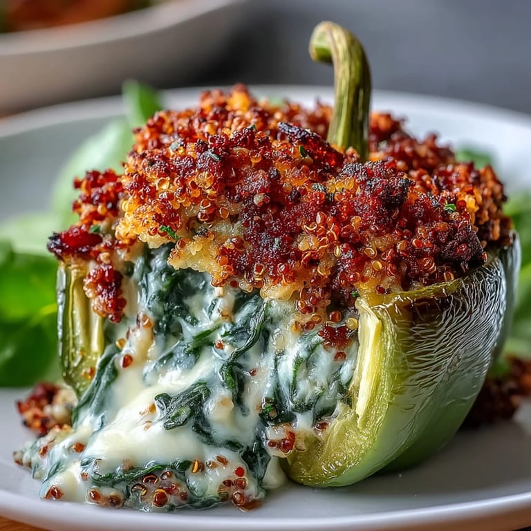 Golden-baked bell peppers overflowing with a rich, savory filling of spinach, artichokes, and grains, topped with crispy breadcrumbs.
