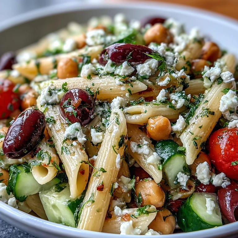 Colorful Mediterranean pasta salad with chickpeas, tomatoes, cucumber, and feta tossed in zesty vinaigrette.  