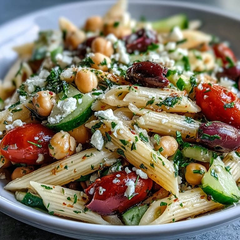 Fresh Mediterranean chickpea pasta salad featuring crisp cucumber, juicy tomatoes, olives, and tangy feta cheese.