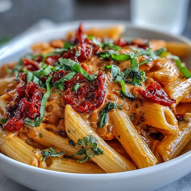 A vibrant, high-protein vegan pasta dish featuring silky roasted red pepper and lentil sauce, topped with fresh basil and vegan parmesan.  