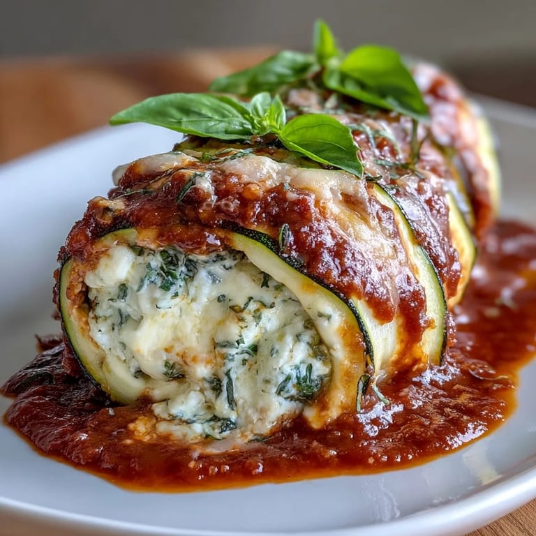 Tender zucchini strips rolled with creamy ricotta, Parmesan, and Italian herbs, then baked until bubbly in sugar-free marinara for a satisfying keto dinner.