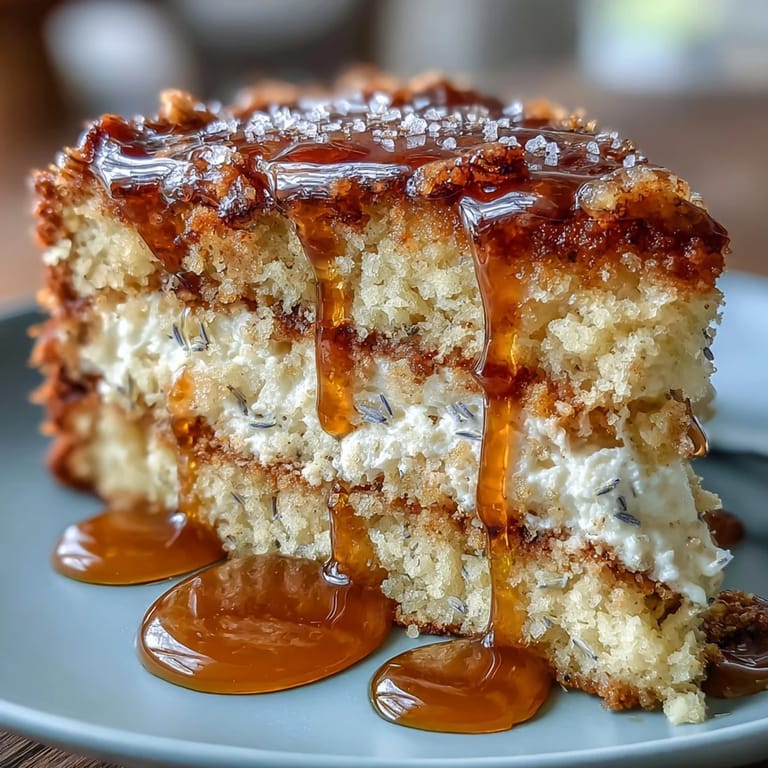 Light and fluffy lavender-infused cake drizzled with rich salted honey, garnished with edible flowers for an elegant dessert presentation.