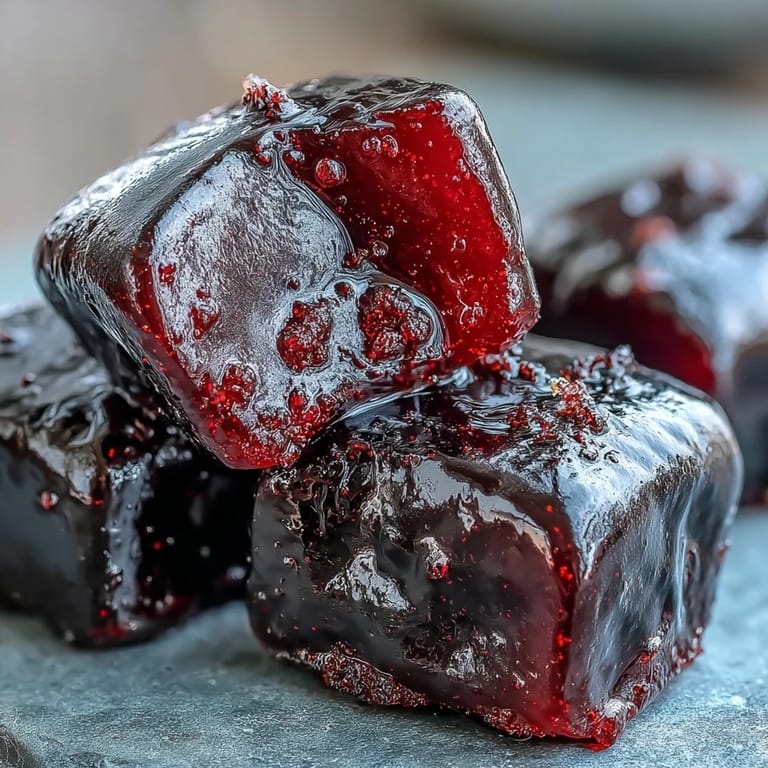 Close-up of homemade black currant and licorice candy pieces, highlighting their soft, chewy consistency and rich, dark color.