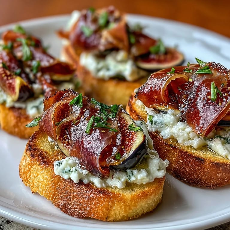 Elegant crostini appetizer with prosciutto, sliced figs, and fresh thyme leaves for a sweet-savory flavor combination.