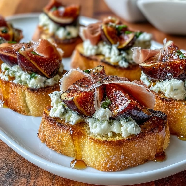 Golden crostini bites featuring prosciutto, ripe figs, and creamy goat cheese—perfect for Italian appetizer spreads.  