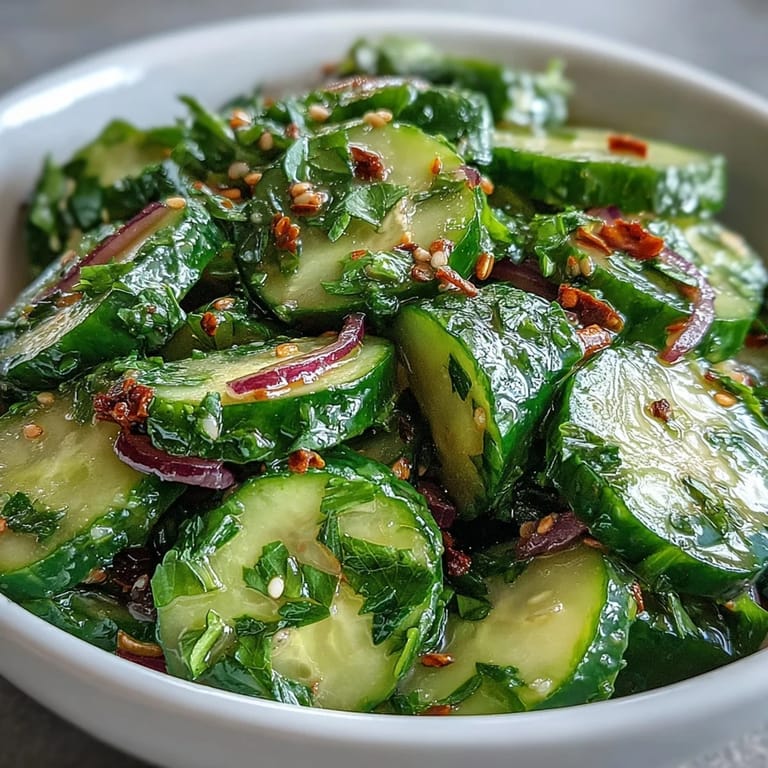 Crisp cucumber slices and thinly sliced red onion are coated in a tangy lime-chili dressing, creating a colorful and flavorful vegan salad.