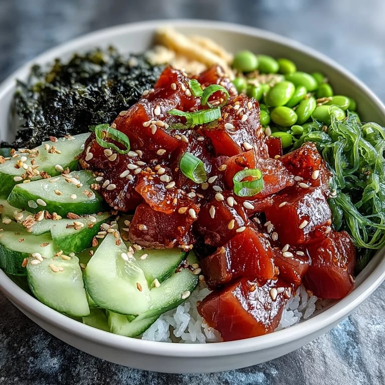 Vibrant Hawaiian poke bowl featuring spicy tuna, fresh veggies, and seaweed salad on sushi rice.  