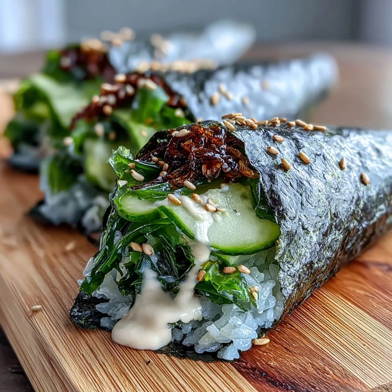 Crispy seaweed sushi hand rolls filled with fluffy sushi rice, vibrant wakame salad, and cool cucumber slices, perfect for a light and satisfying appetizer.