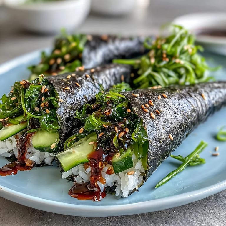 Fresh nori cones layered with vinegared sushi rice, zesty seaweed salad, and crunchy cucumber, drizzled with creamy spicy mayo for a delightful Japanese treat.