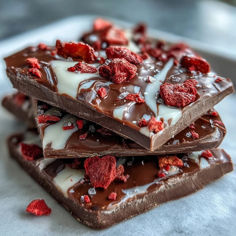 Rich dark chocolate marbled with creamy white chocolate, scattered with crunchy freeze-dried strawberries and colorful Valentine-themed sprinkles for a sweet treat.  