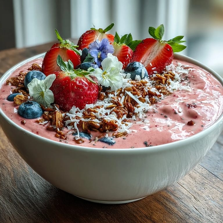 Festive strawberry smoothie bowl with Greek yogurt, frozen berries, and a generous topping of granola and edible flowers for brunch.