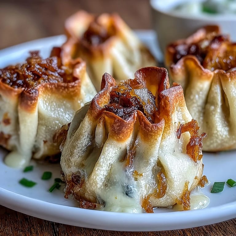 Close-up of golden brown French onion soup dumplings with melted cheese.