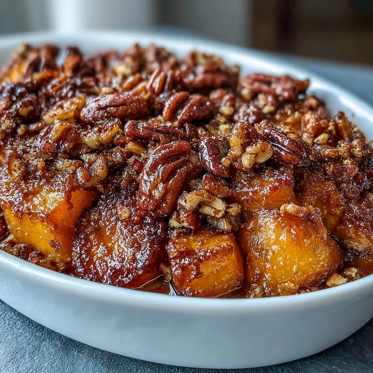 Tender sweet potatoes glazed in spiced syrup, baked under a crunchy pecan streusel topping for a classic comfort side dish.