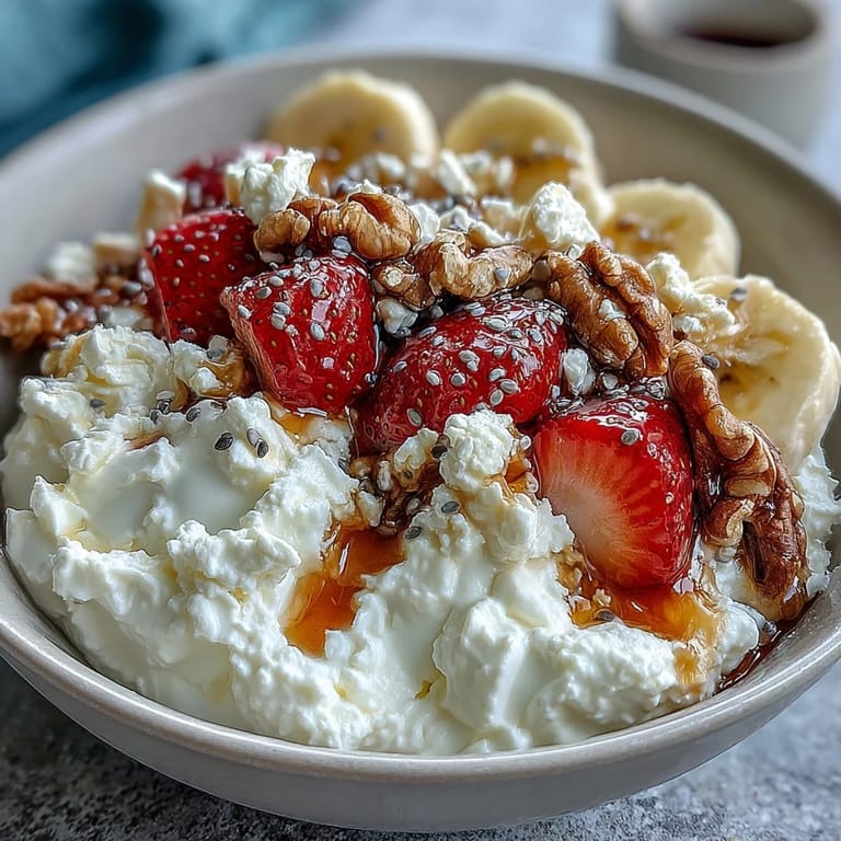 Wholesome cottage cheese fruit bowl with juicy strawberries, sweet honey, and optional nuts, ideal for a quick nutritious meal.