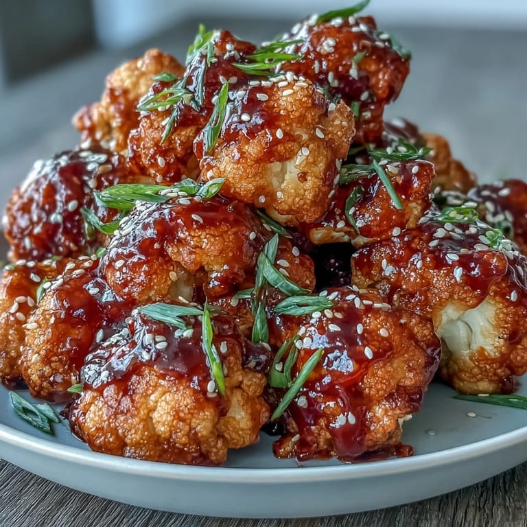 Spicy-sweet General Tso's cauliflower florets, air-fried to perfection and drizzled with glossy sauce, making a delicious vegetarian main or shareable appetizer.