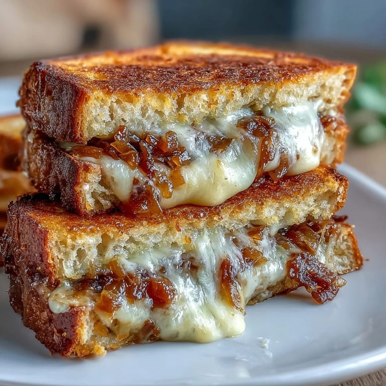 Buttery sourdough sandwich filled with rich Gruyere and sweet caramelized onions, crispy on the outside, gooey inside.