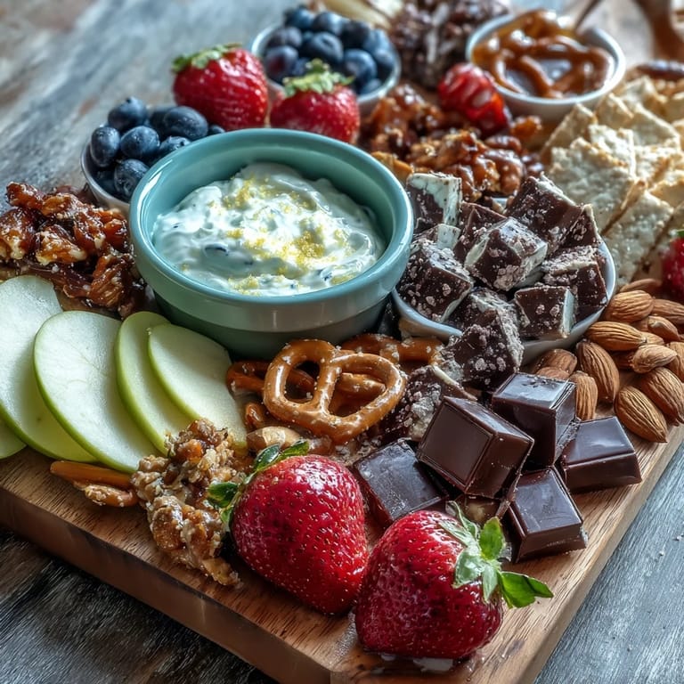 Festive Galentines leftover strawberry snack board featuring juicy fruit, crunchy pretzels, and a tangy honey-lemon yogurt dip.  