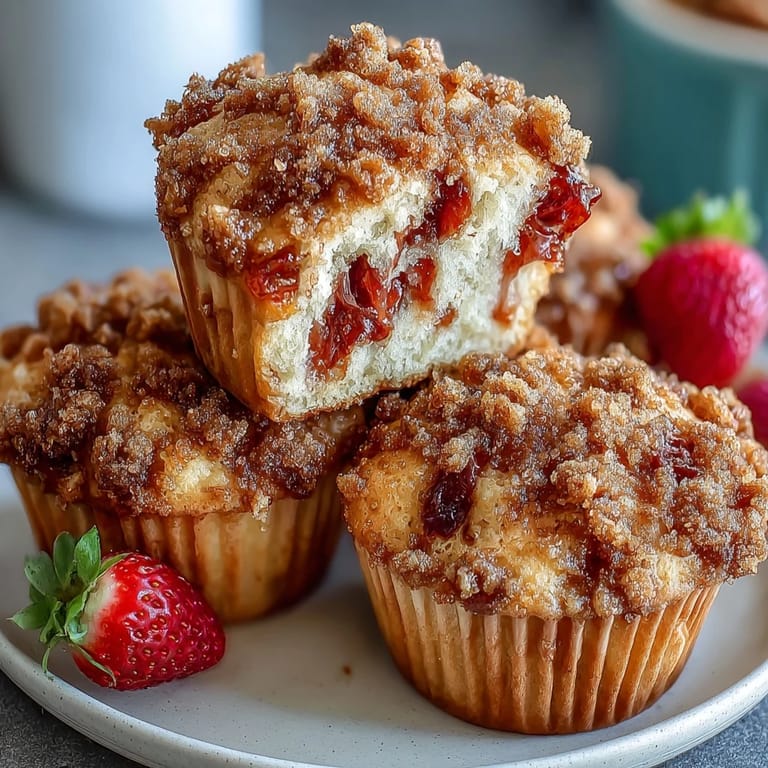 A tray of tender strawberry sourdough muffins crowned with crunchy crumb topping, perfect for a cozy breakfast or sweet afternoon snack.