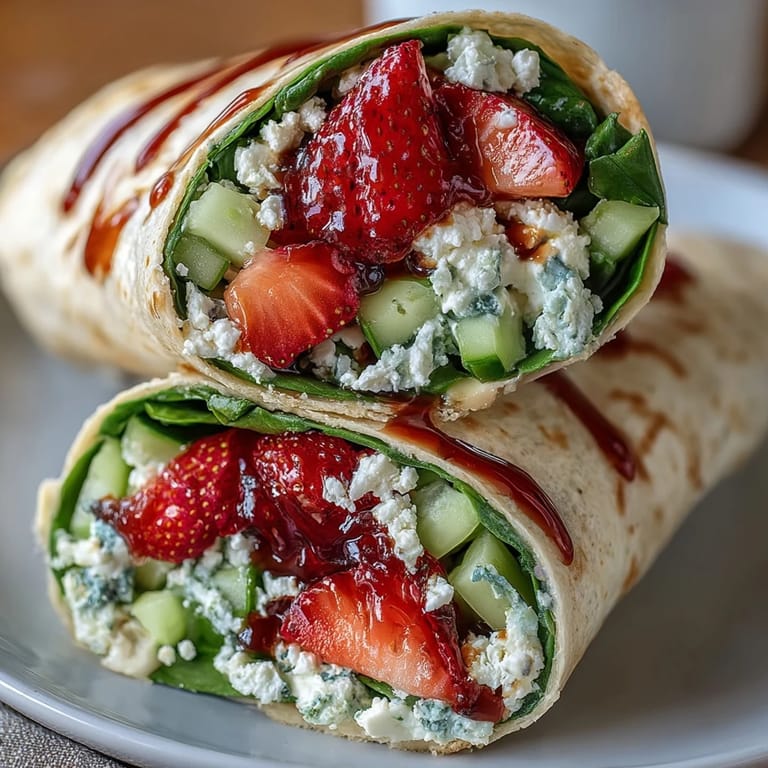 Delicious strawberry spinach wraps filled with goat cheese crumble and crunchy pecans, perfect for a light vegetarian lunch.