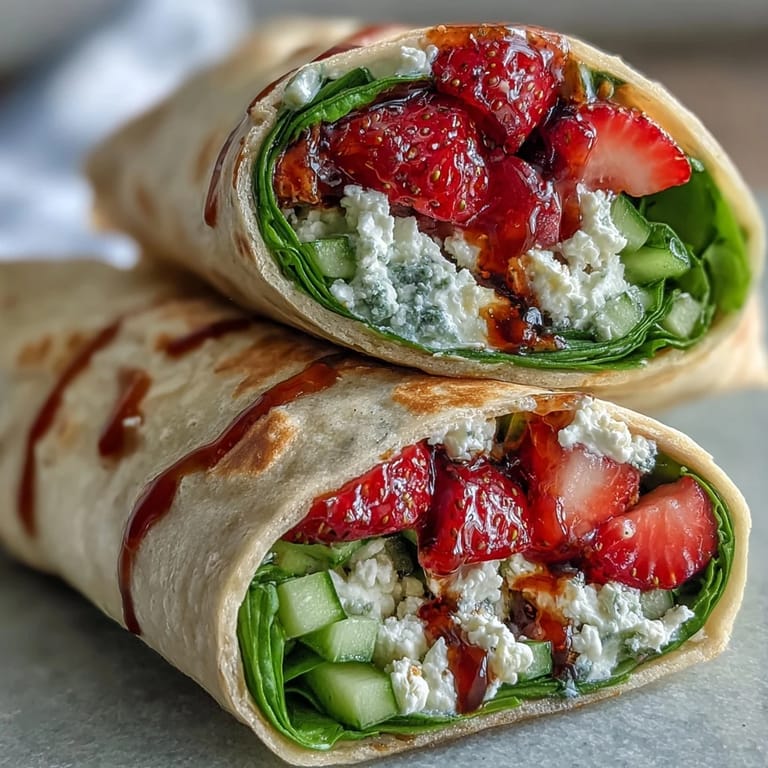 A close-up of a fresh strawberry spinach wrap with creamy goat cheese crumble, drizzled with balsamic glaze for a tangy finish.  