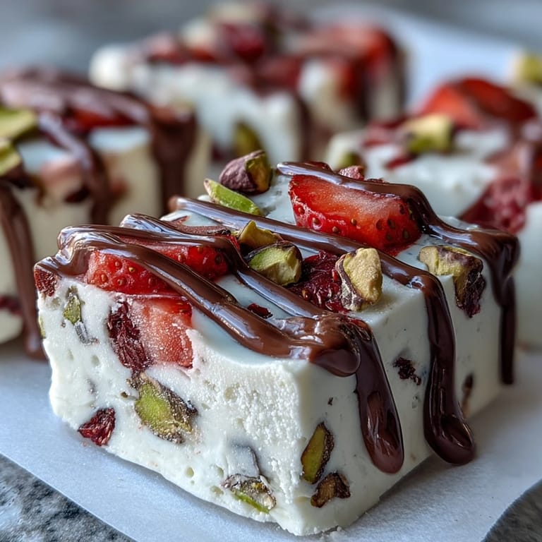 Frozen yogurt bark layered with strawberries and pistachios, drizzled with dark chocolate for a festive Valentine's Day treat.